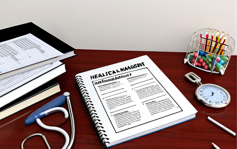 **A detailed study plan for a healthcare management exam, highlighting key areas like financial management, quality control, and legal aspects, with textbooks and online resources scattered around.** (Focus: Organization and study materials)