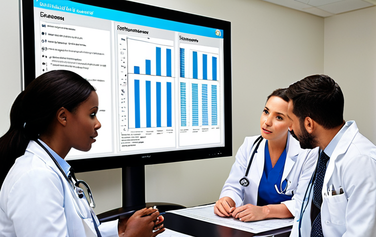 **
A diverse team of healthcare professionals (doctors, nurses, administrators) collaborating around a table, reviewing patient satisfaction survey results on a large screen. The atmosphere is positive and proactive, focused on quality improvement. Modern hospital setting.
**