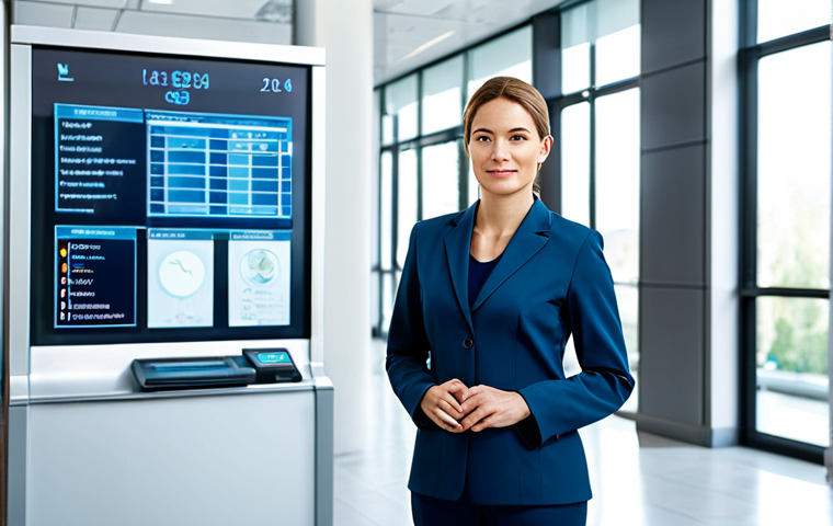 A professional female healthcare management specialist in a modest business suit, standing confidently in a modern, technologically advanced regional hospital lobby. The background features sleek digital information displays and a clean, brightly lit environment, symbolizing innovation and a dynamic market. She is fully clothed, appropriate attire, natural pose, perfect anatomy, well-formed hands, correct proportions, natural body proportions. High-quality professional photography, safe for work, appropriate content, professional.