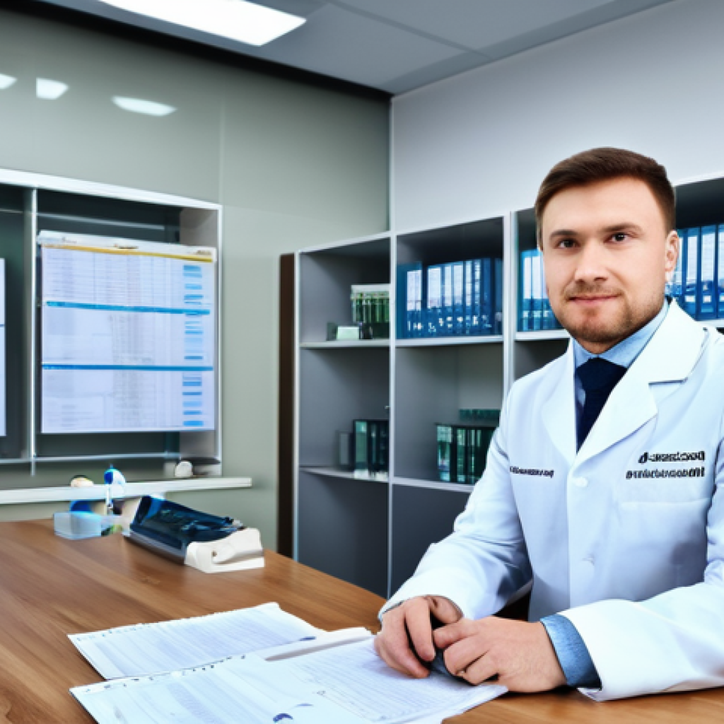 보건의료행정사와 병원 문서관리 노하우 - **Prompt:** A bustling, modern medical clinic reception area in a major Russian city like Moscow, di...