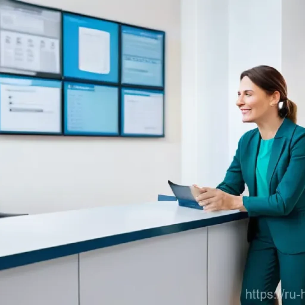 보건의료행정사와 건강보험의 관계 - **Prompt:** A modern, brightly lit reception area in a well-maintained Russian clinic. A female medi...