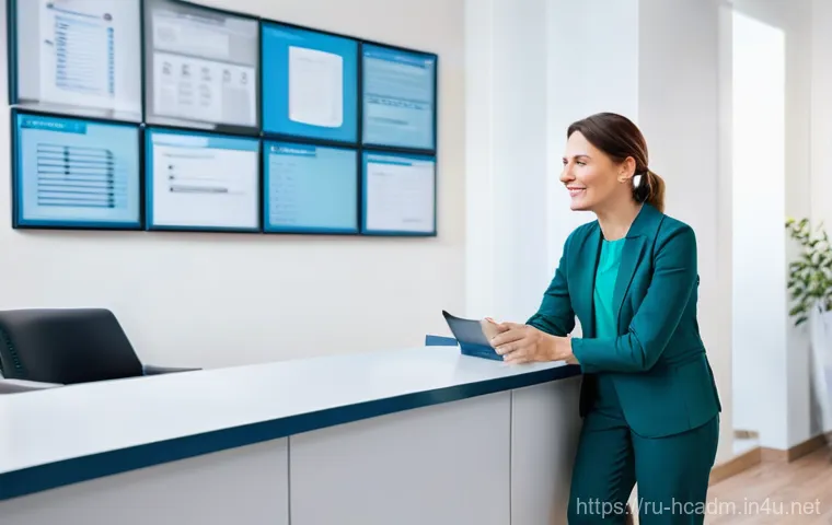 보건의료행정사와 건강보험의 관계 - **Prompt:** A modern, brightly lit reception area in a well-maintained Russian clinic. A female medi...