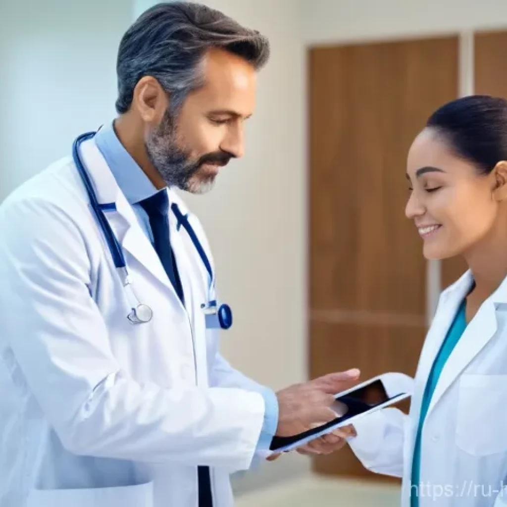 보건의료행정사와 병원 인사관리 - A modern, brightly lit hospital consultation room. A kind, professional male doctor in his 40s, wear...