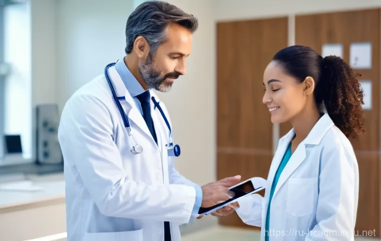 보건의료행정사와 병원 인사관리 - A modern, brightly lit hospital consultation room. A kind, professional male doctor in his 40s, wear...