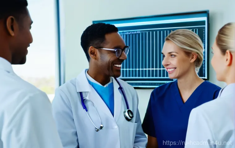 보건의료행정사와 병원 인사관리 - A modern, brightly lit hospital consultation room. A kind, professional male doctor in his 40s, wear...