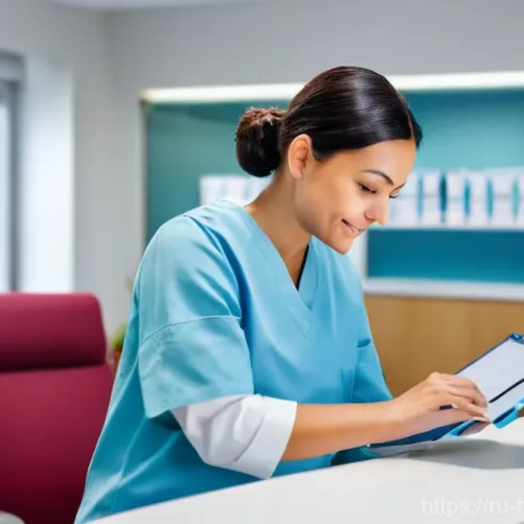 보건의료행정사 자격시험 예상 문제 - **Prompt:** A modern and brightly lit hospital reception area. A friendly female administrator in he...