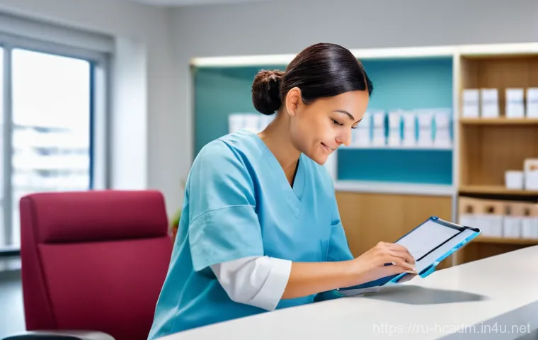 보건의료행정사 자격시험 예상 문제 - **Prompt:** A modern and brightly lit hospital reception area. A friendly female administrator in he...