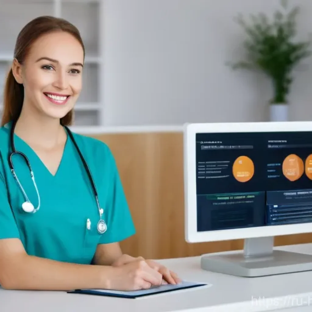 보건의료행정사 업무 환경 개선 아이디어 - A friendly female medical administrator in her late 20s to early 30s, wearing a clean, professional ...