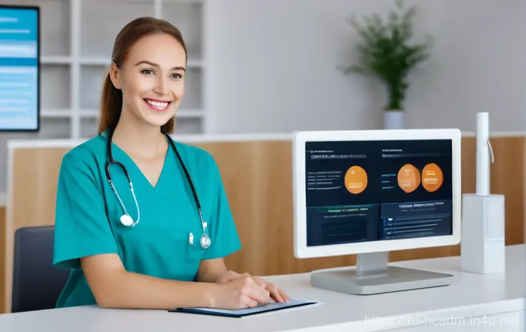 보건의료행정사 업무 환경 개선 아이디어 - A friendly female medical administrator in her late 20s to early 30s, wearing a clean, professional ...