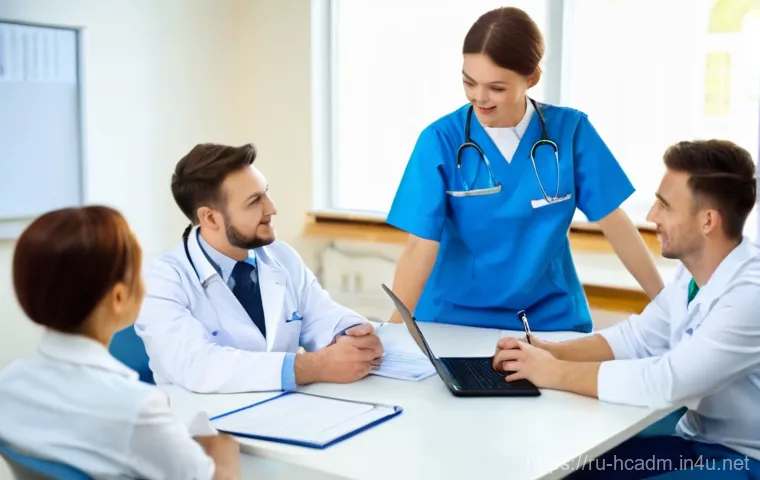보건의료행정사 업무 환경 개선 아이디어 - A male medical administrator in his 30s, dressed in a smart, professional clinic uniform over modest...