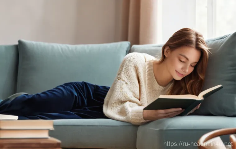 보건의료행정사와 병원코디네이터 비교 - A young woman (mid-20s) with soft, flowing brown hair, comfortably seated on a plush velvet sofa, en...