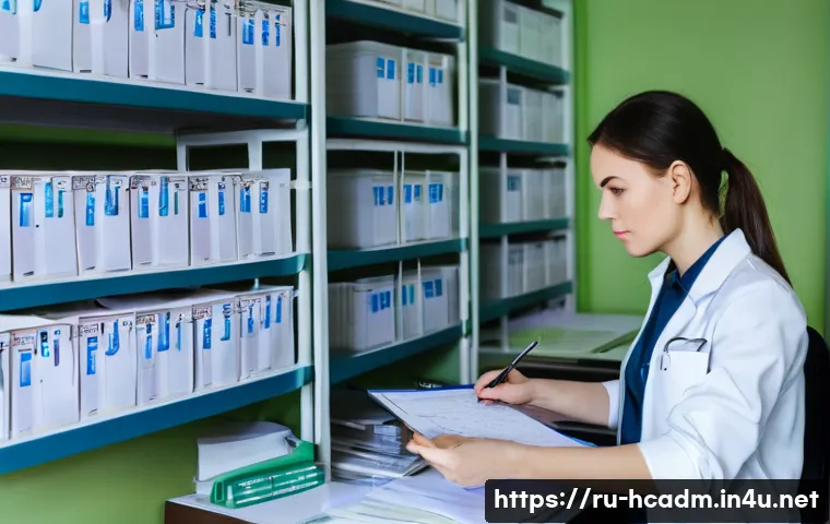 보건의료행정사 신규 취업 후 유의사항 - A busy medical office scene in Russia featuring a female medical administrator at a desk surrounded ...