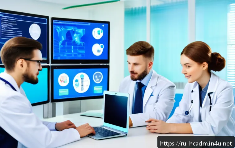 보건의료행정사 취업 가능 분야 정리 - A modern Russian hospital administration office scene showing a diverse group of medical administrat...
