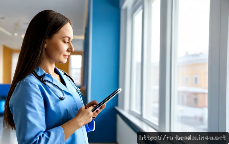 보건의료행정사로 인한 직업 안정성 - Photorealistic healthcare administrator in a modern public hospital in Moscow, confidently reviewing...